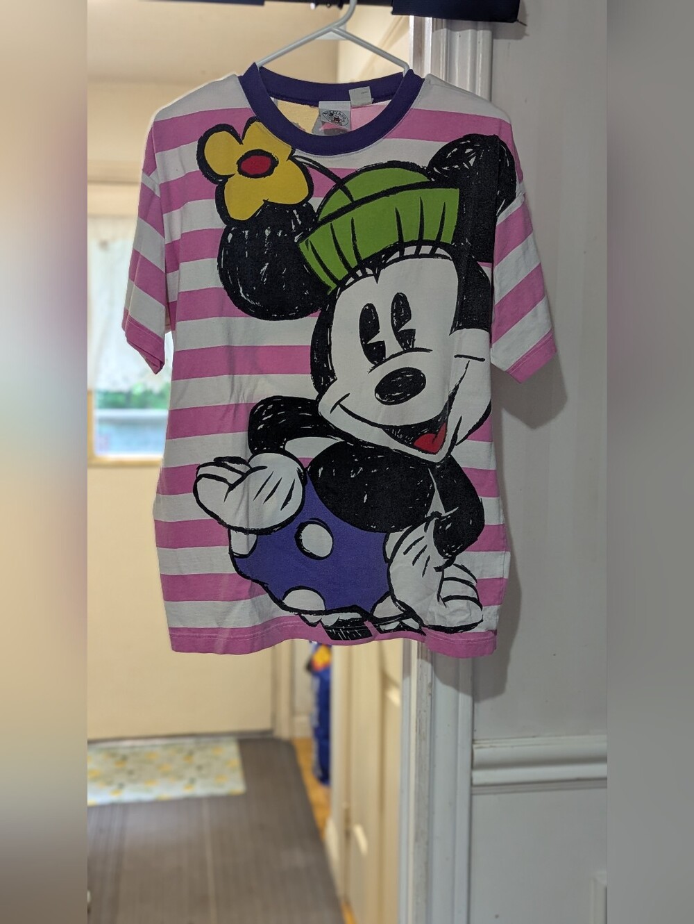 Vintage Retro AOP Disney Pink White Striped Minnie Mouse Short Sleeve Tee